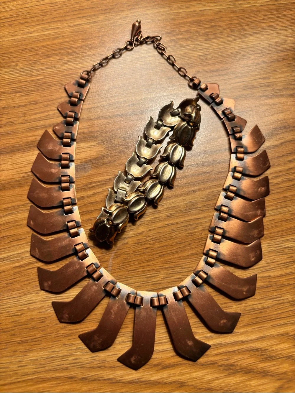 Statement Copper-Tone Bib Choker Necklace and Tulip Bracelet